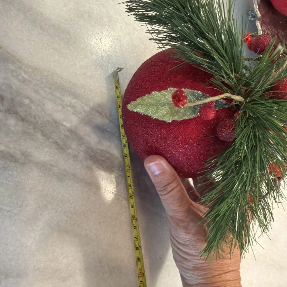 Set Of 5 Large Red Sparkle Christmas Balls With Pine And Cranberries